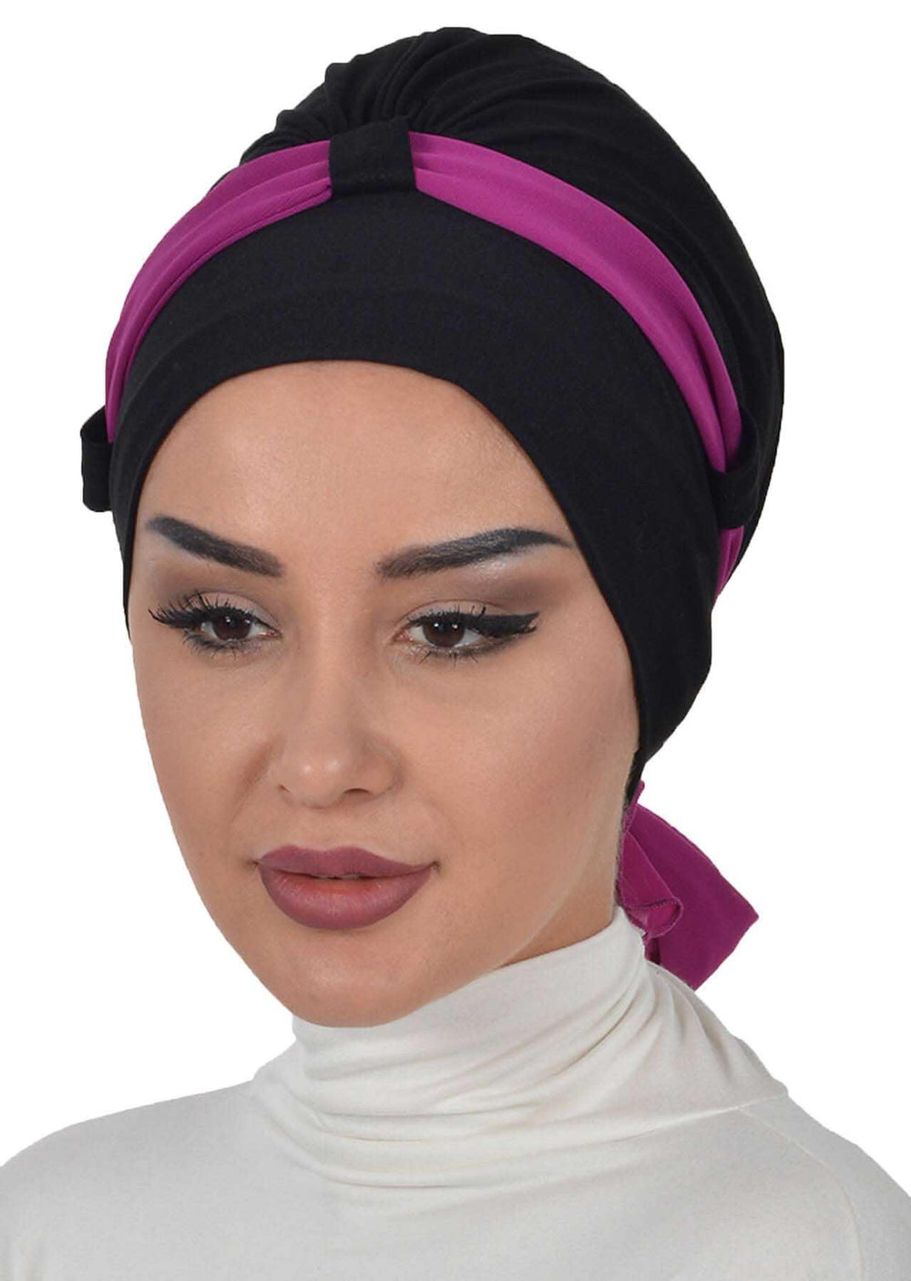 Dual Tone Instant Turban Bonnet with Chiffon Band, Fashionable Muslim Head Covering for Women, Ready-to-Wear Versatile Women Head Wrap,B-24 Black - Fuchsia
