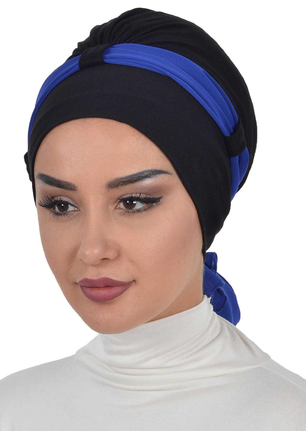 Dual Tone Instant Turban Bonnet with Chiffon Band, Fashionable Muslim Head Covering for Women, Ready-to-Wear Versatile Women Head Wrap,B-24 Black - Sax Blue