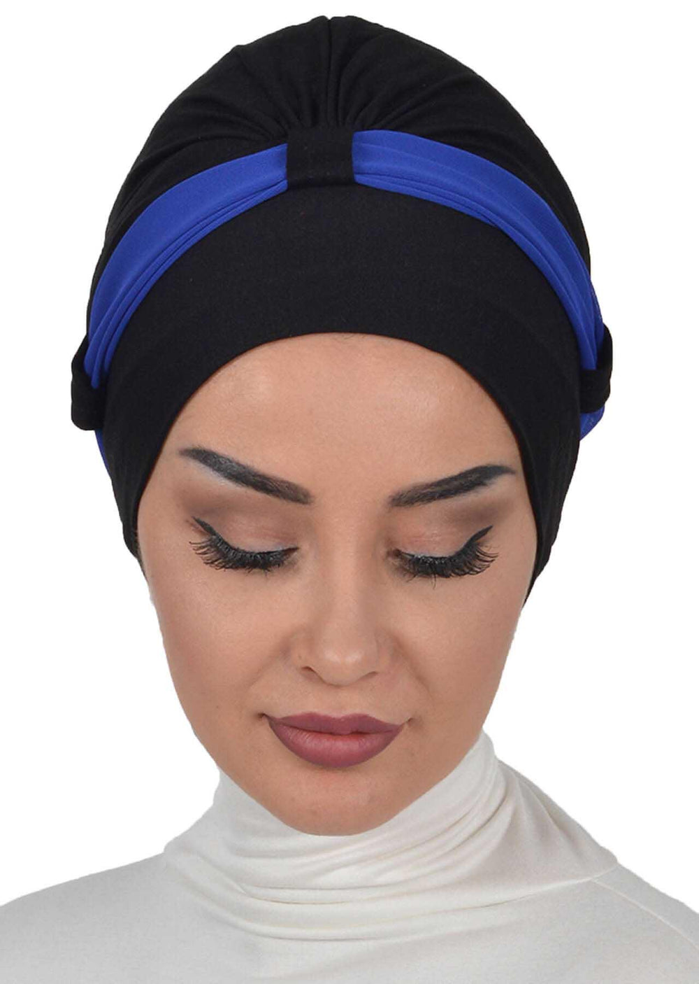 Dual Tone Instant Turban Bonnet with Chiffon Band, Fashionable Muslim Head Covering for Women, Ready-to-Wear Versatile Women Head Wrap,B-24 Black - Sax Blue