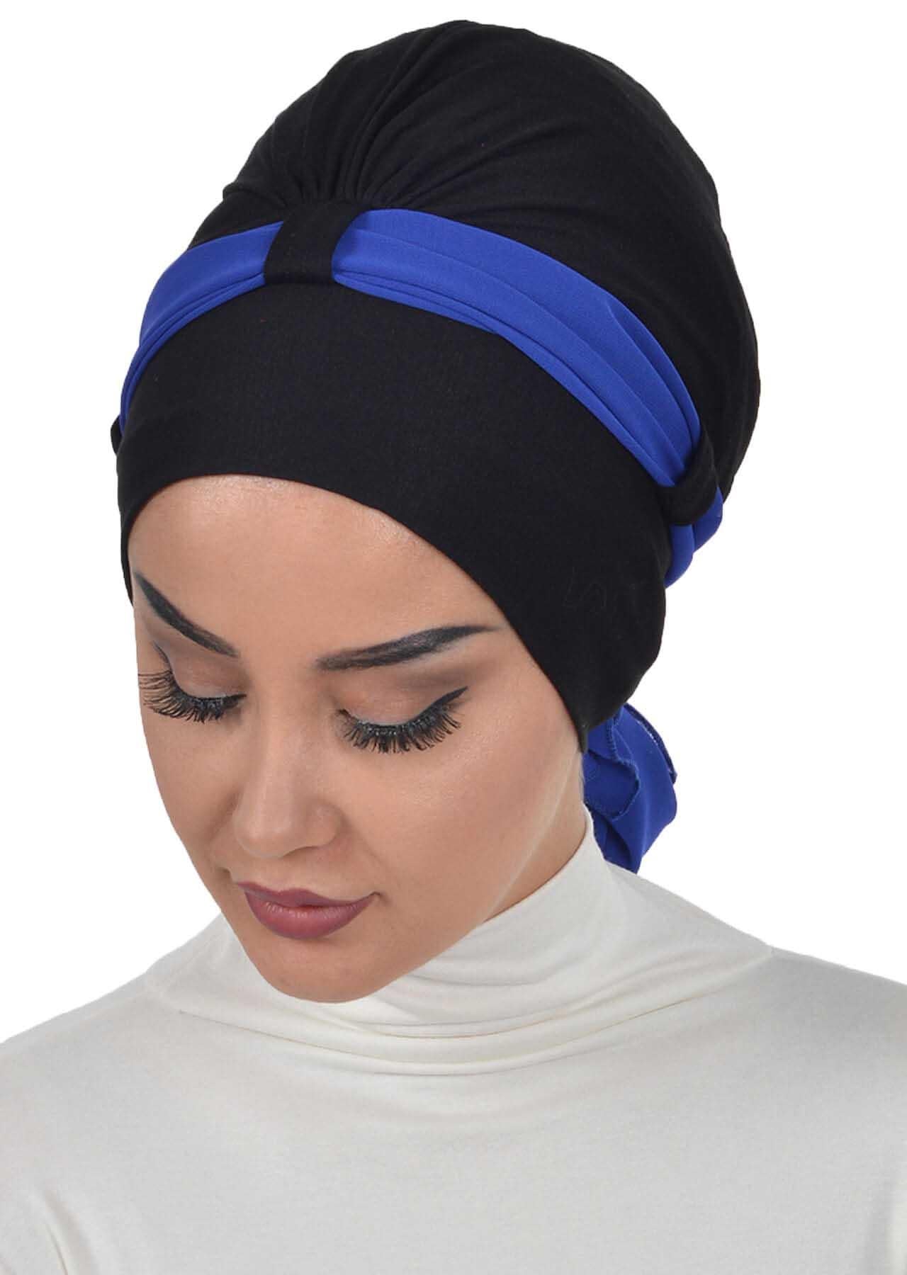 Dual Tone Instant Turban Bonnet with Chiffon Band, Fashionable Muslim Head Covering for Women, Ready-to-Wear Versatile Women Head Wrap,B-24 Black - Sax Blue