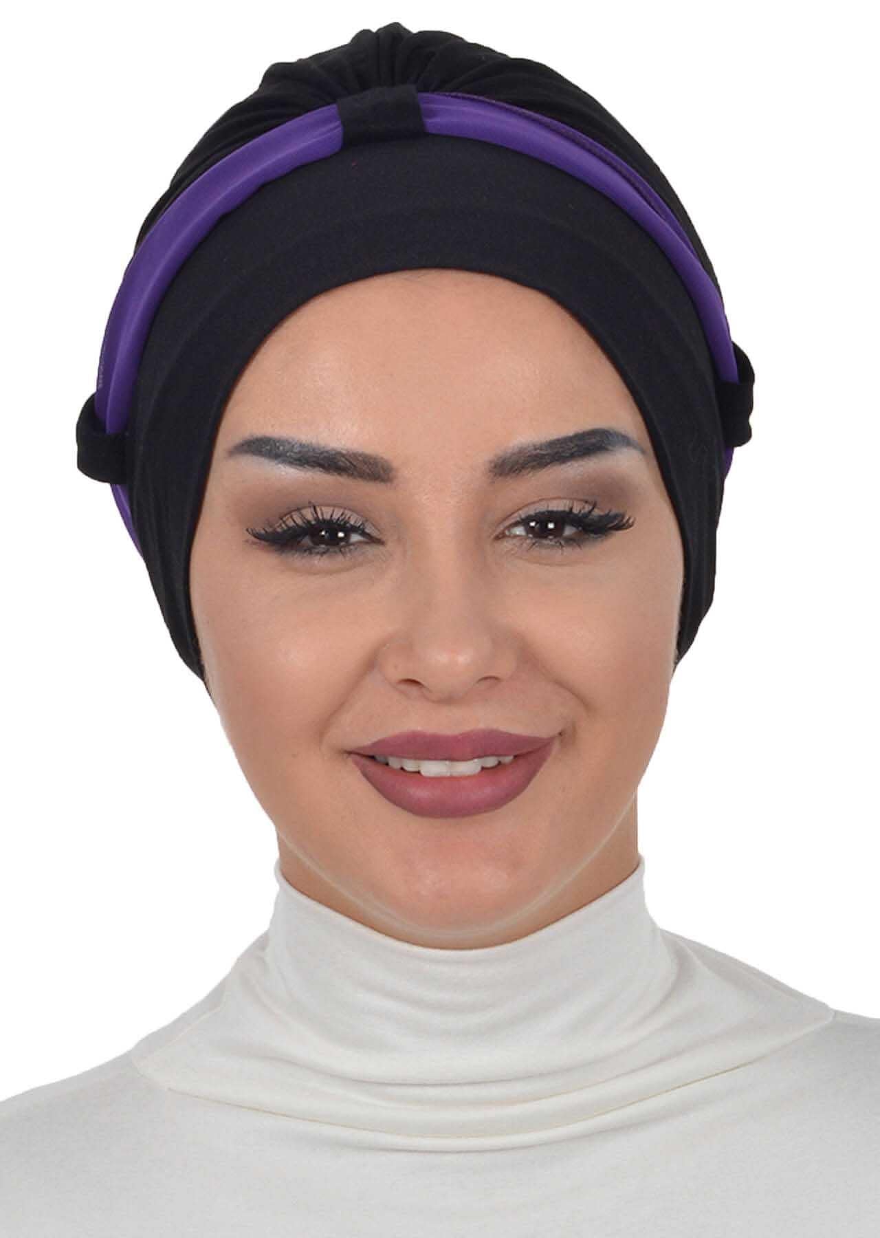 Dual Tone Instant Turban Bonnet with Chiffon Band, Fashionable Muslim Head Covering for Women, Ready-to-Wear Versatile Women Head Wrap,B-24 Black - Purple