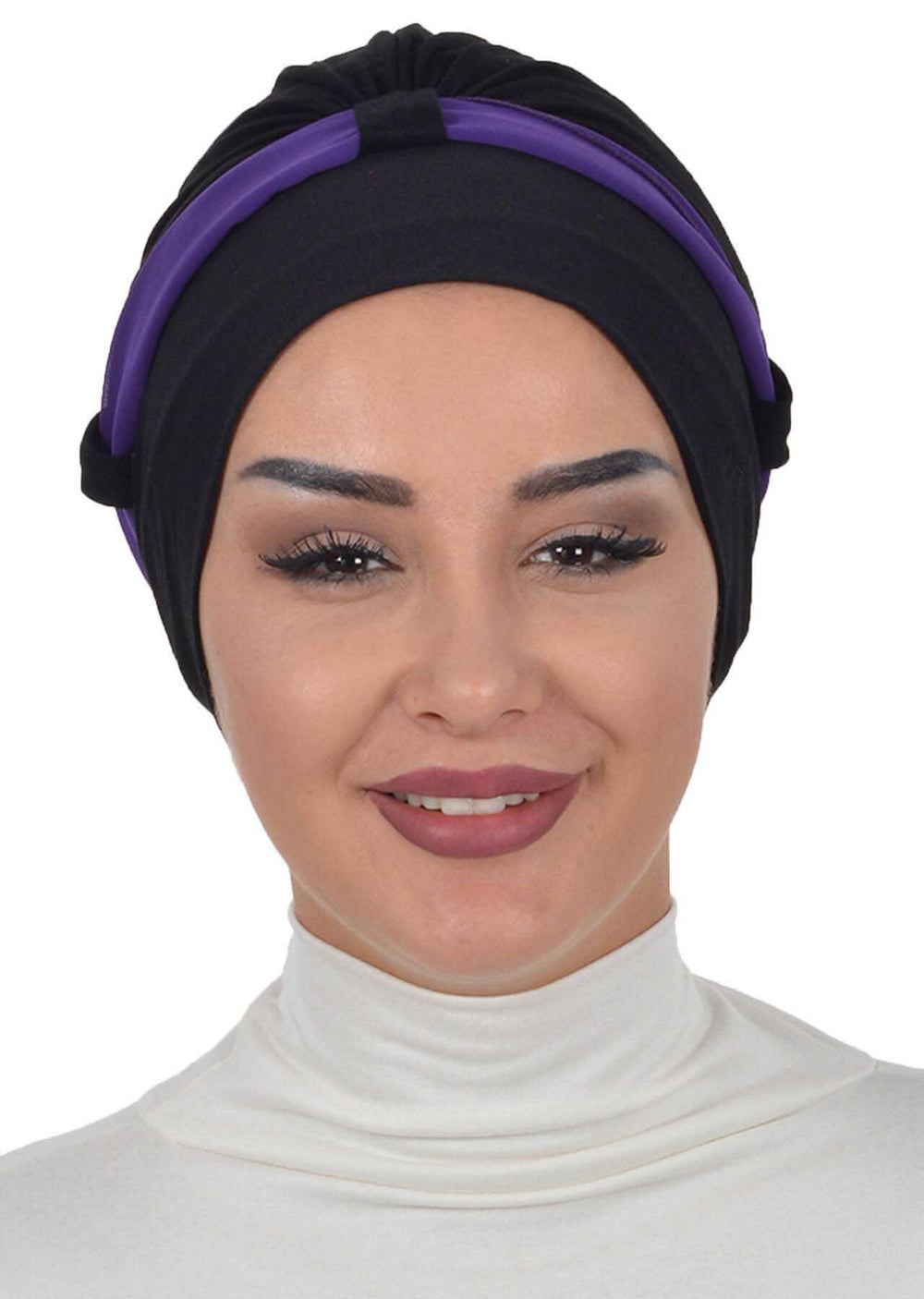 Dual Tone Instant Turban Bonnet with Chiffon Band, Fashionable Muslim Head Covering for Women, Ready-to-Wear Versatile Women Head Wrap,B-24 Black - Purple