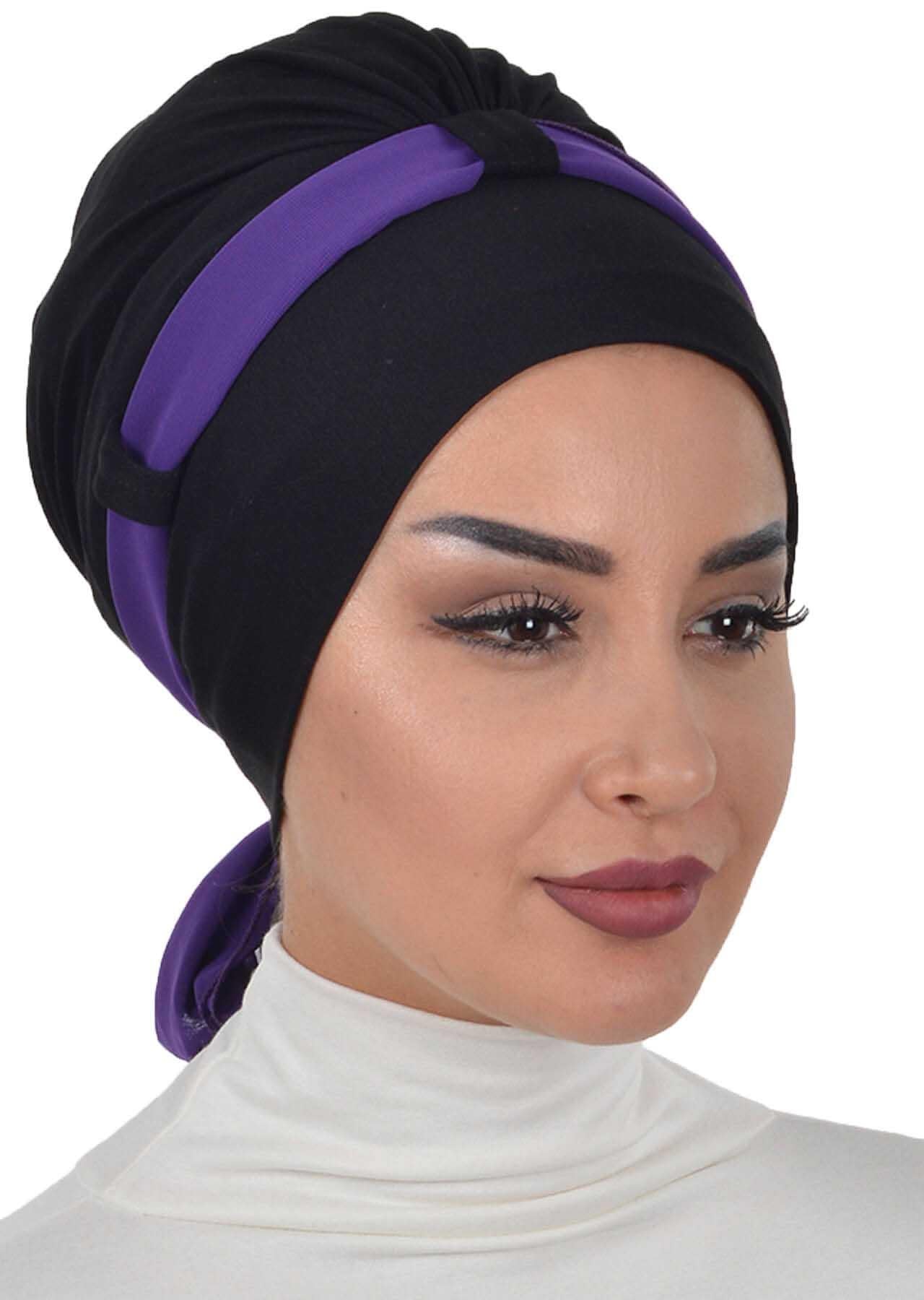 Dual Tone Instant Turban Bonnet with Chiffon Band, Fashionable Muslim Head Covering for Women, Ready-to-Wear Versatile Women Head Wrap,B-24 Black - Purple
