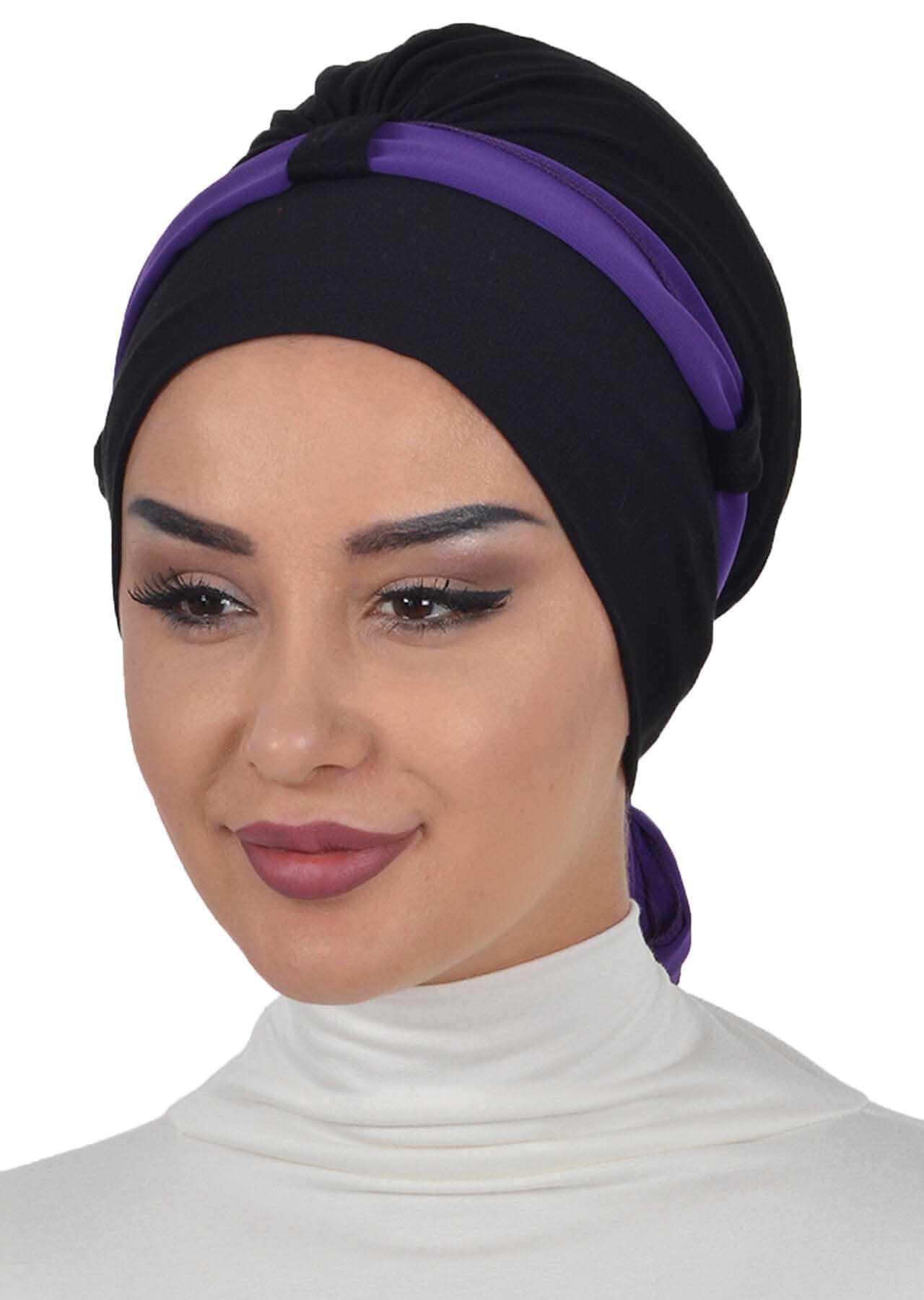 Dual Tone Instant Turban Bonnet with Chiffon Band, Fashionable Muslim Head Covering for Women, Ready-to-Wear Versatile Women Head Wrap,B-24 Black - Purple