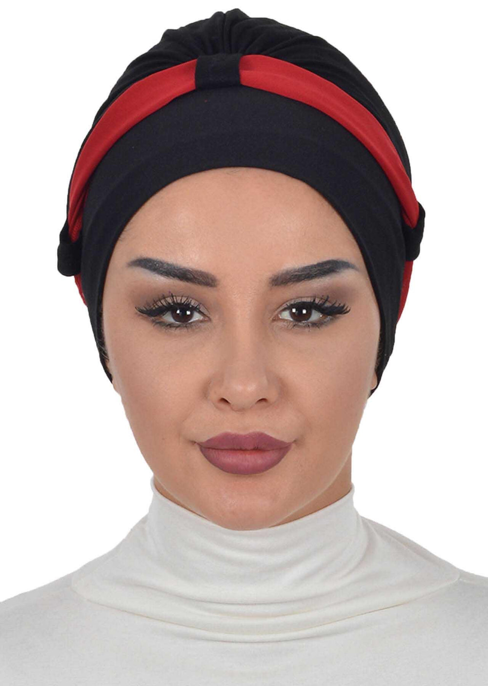 Dual Tone Instant Turban Bonnet with Chiffon Band, Fashionable Muslim Head Covering for Women, Ready-to-Wear Versatile Women Head Wrap,B-24 Black - Red