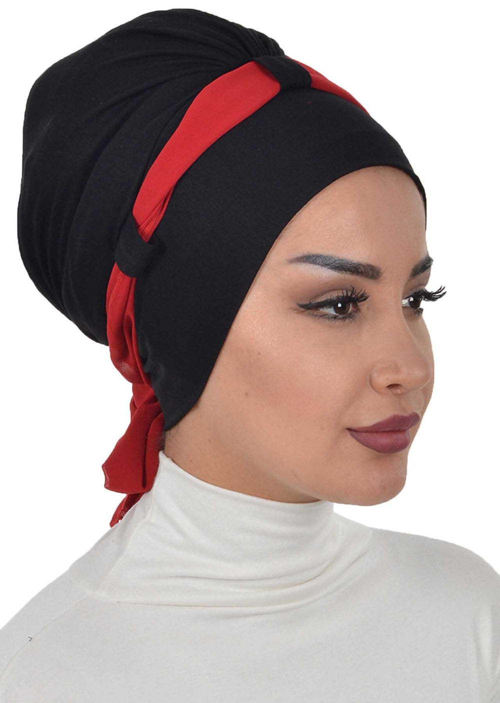 Dual Tone Instant Turban Bonnet with Chiffon Band, Fashionable Muslim Head Covering for Women, Ready-to-Wear Versatile Women Head Wrap,B-24 Black - Red