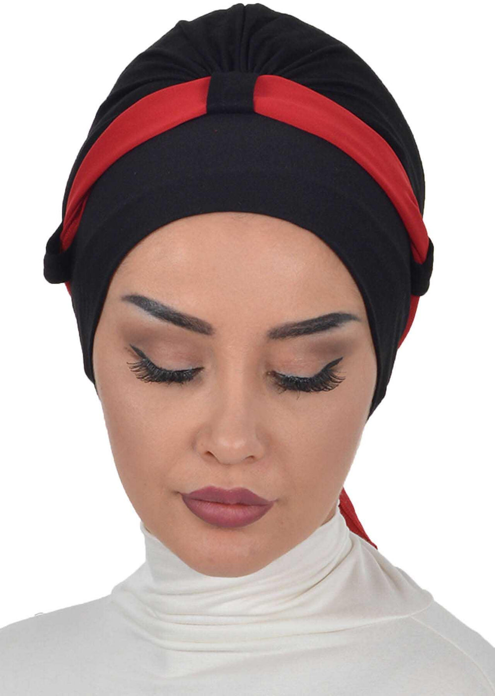 Dual Tone Instant Turban Bonnet with Chiffon Band, Fashionable Muslim Head Covering for Women, Ready-to-Wear Versatile Women Head Wrap,B-24 Black - Red