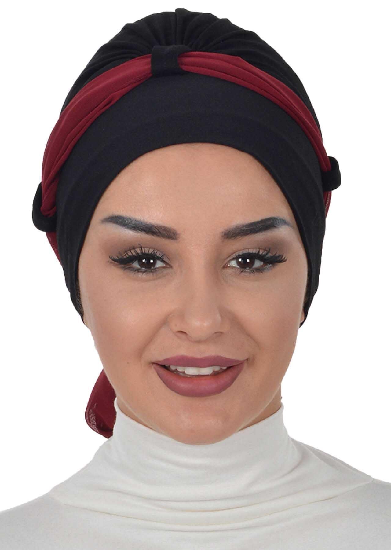 Dual Tone Instant Turban Bonnet with Chiffon Band, Fashionable Muslim Head Covering for Women, Ready-to-Wear Versatile Women Head Wrap,B-24 Black - Maroon