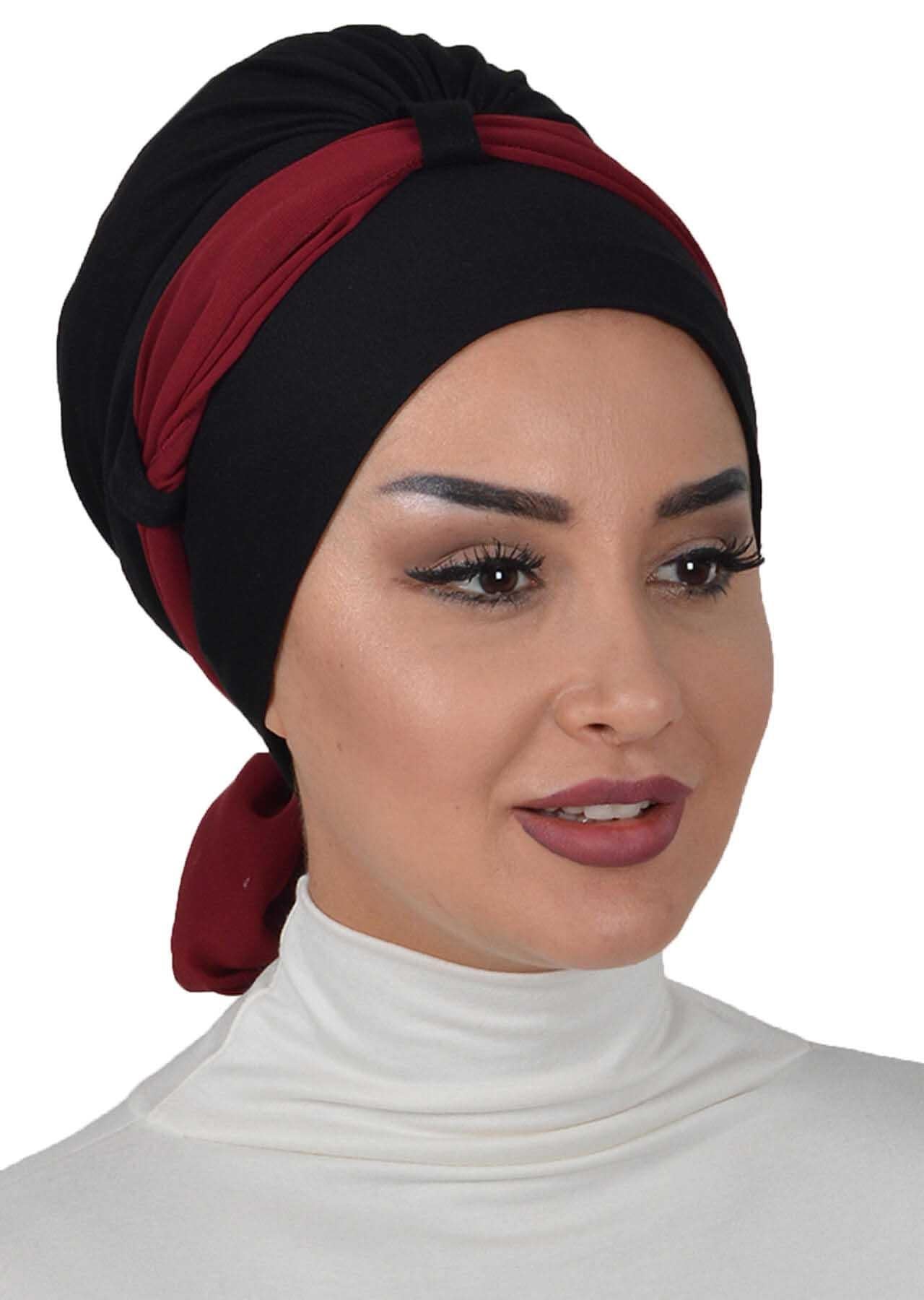 Dual Tone Instant Turban Bonnet with Chiffon Band, Fashionable Muslim Head Covering for Women, Ready-to-Wear Versatile Women Head Wrap,B-24 Black - Maroon