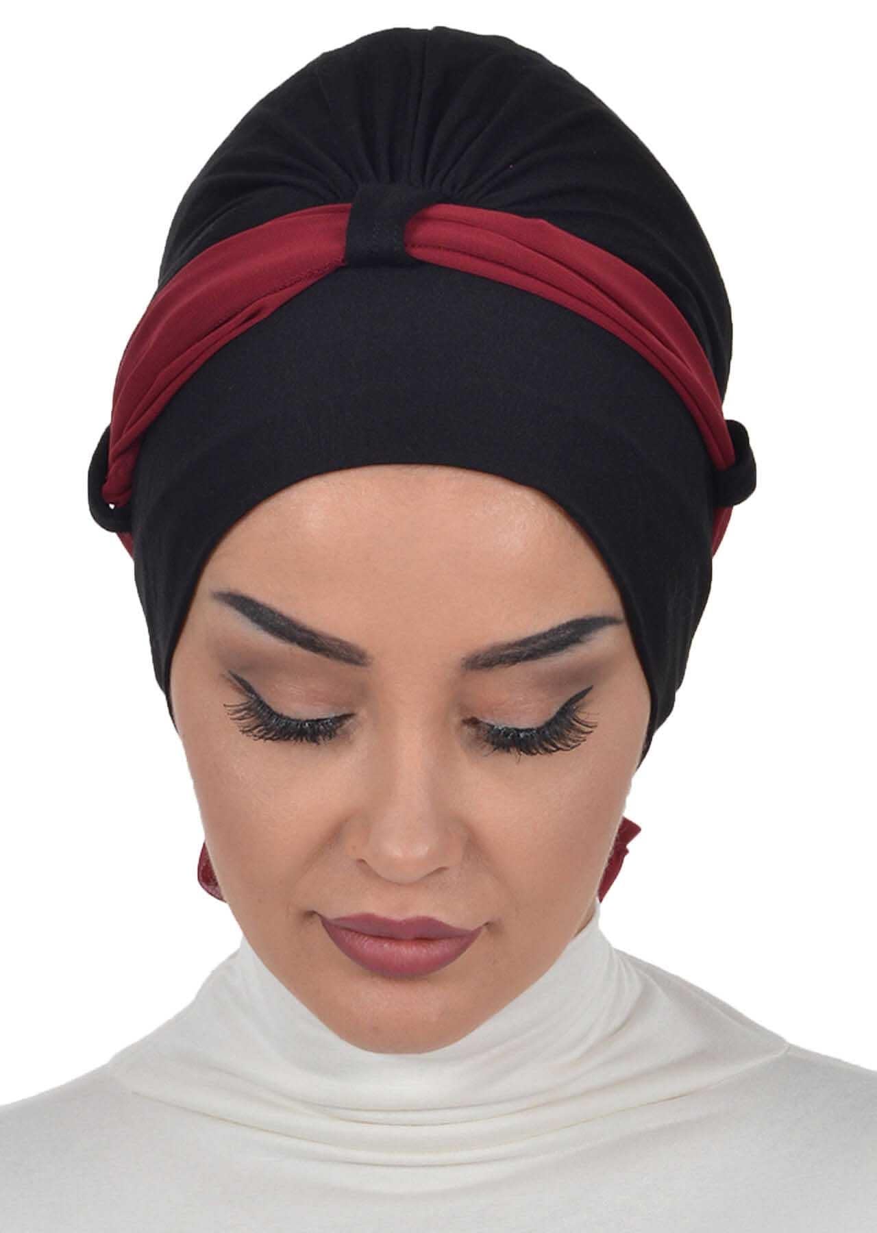 Dual Tone Instant Turban Bonnet with Chiffon Band, Fashionable Muslim Head Covering for Women, Ready-to-Wear Versatile Women Head Wrap,B-24 Black - Maroon