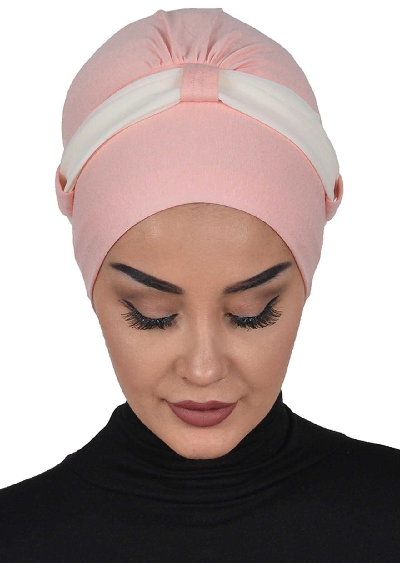 Dual Tone Instant Turban Bonnet with Chiffon Band, Fashionable Muslim Head Covering for Women, Ready-to-Wear Versatile Women Head Wrap,B-24 Powder - Ivory