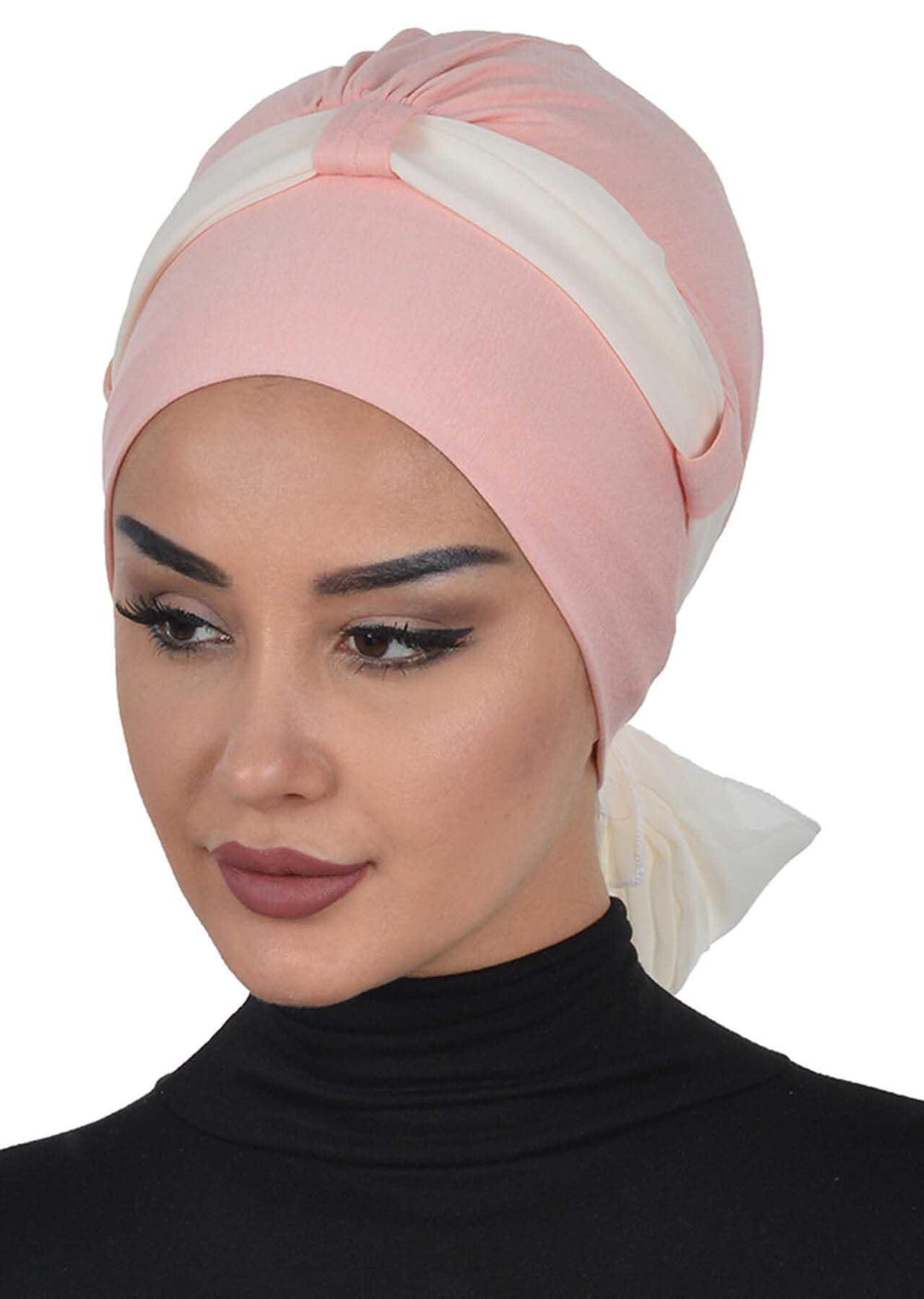 Dual Tone Instant Turban Bonnet with Chiffon Band, Fashionable Muslim Head Covering for Women, Ready-to-Wear Versatile Women Head Wrap,B-24 Powder - Ivory