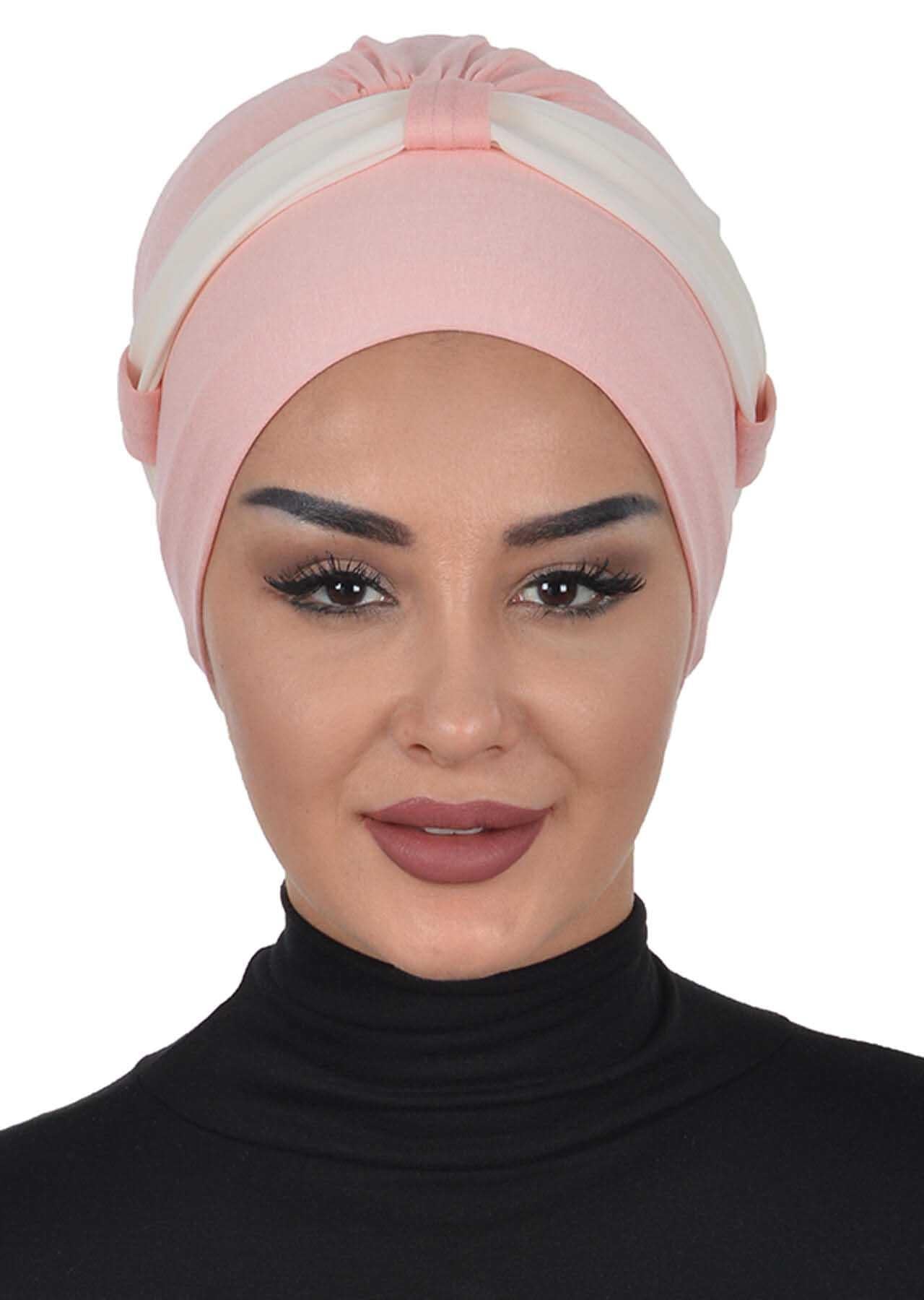 Dual Tone Instant Turban Bonnet with Chiffon Band, Fashionable Muslim Head Covering for Women, Ready-to-Wear Versatile Women Head Wrap,B-24 Powder - Ivory