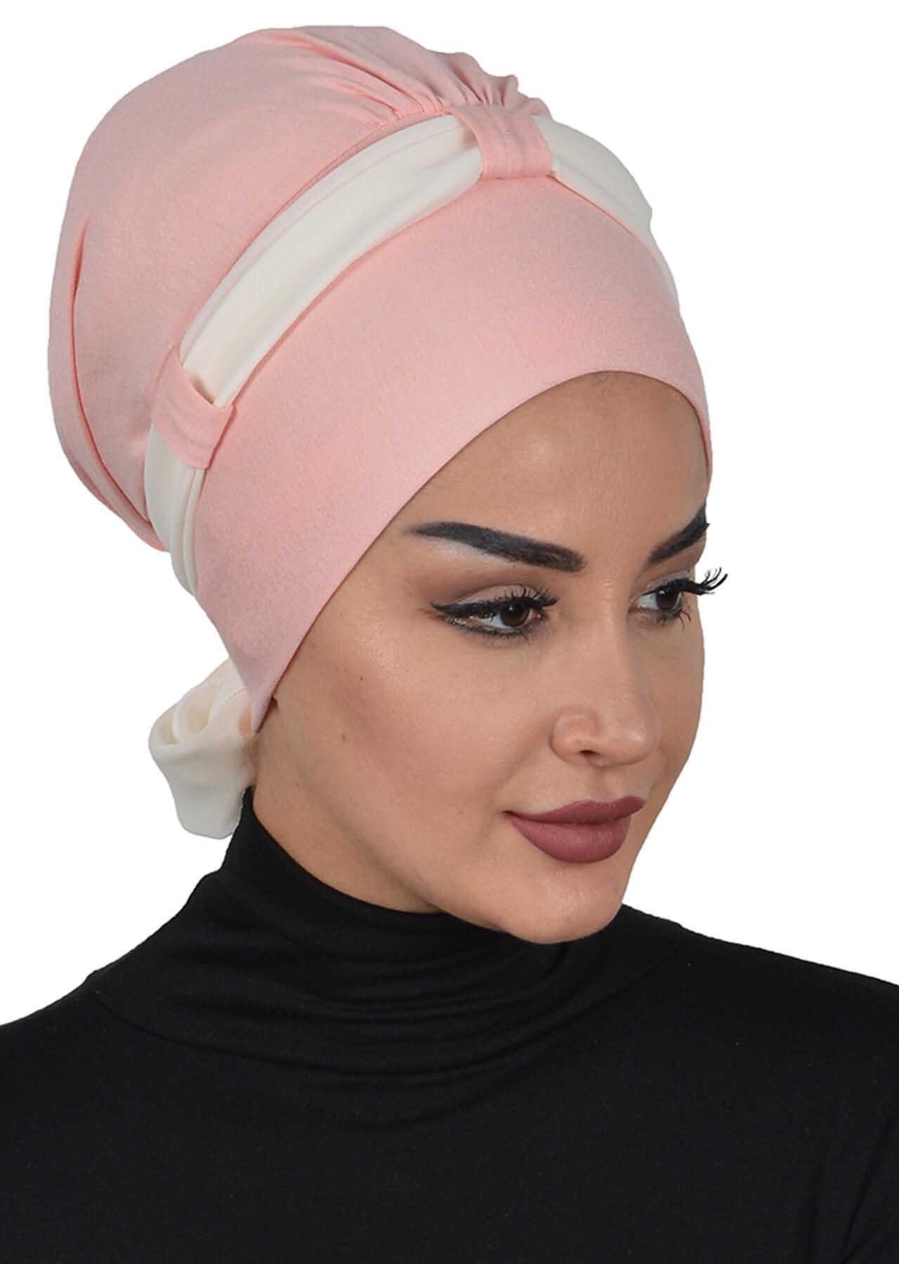 Dual Tone Instant Turban Bonnet with Chiffon Band, Fashionable Muslim Head Covering for Women, Ready-to-Wear Versatile Women Head Wrap,B-24 Powder - Ivory