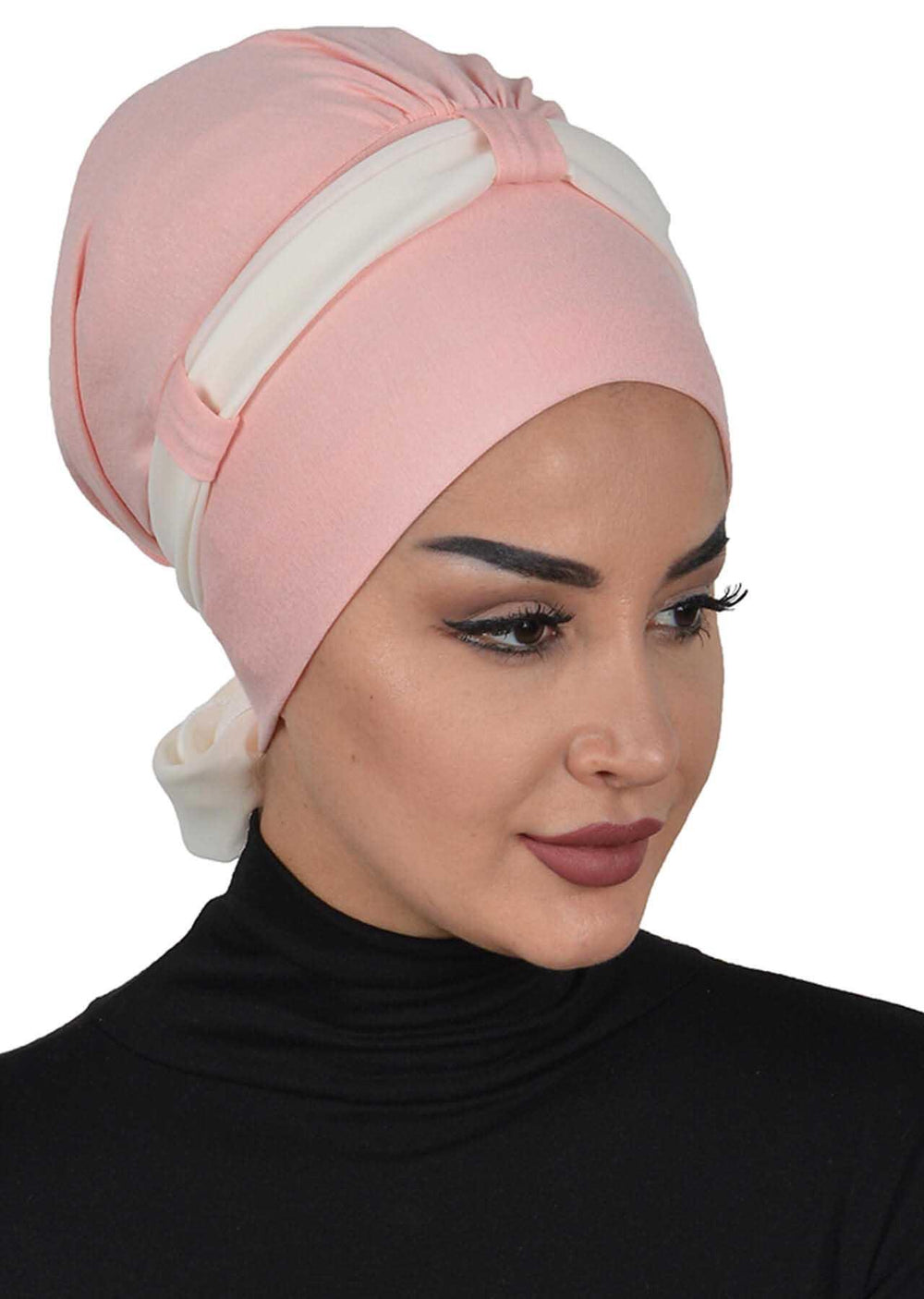 Dual Tone Instant Turban Bonnet with Chiffon Band, Fashionable Muslim Head Covering for Women, Ready-to-Wear Versatile Women Head Wrap,B-24 Powder - Ivory