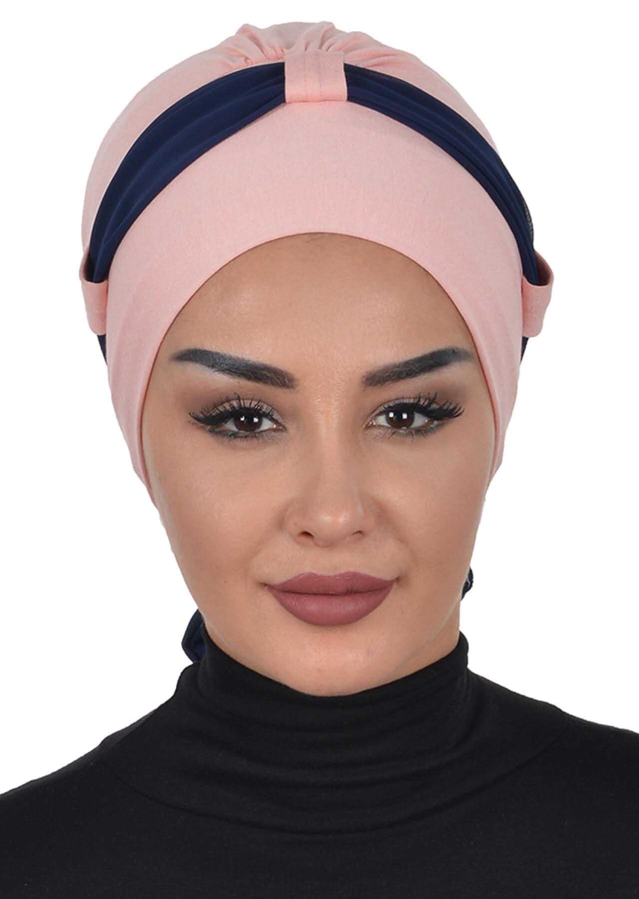 Dual Tone Instant Turban Bonnet with Chiffon Band, Fashionable Muslim Head Covering for Women, Ready-to-Wear Versatile Women Head Wrap,B-24 Powder - Navy Blue