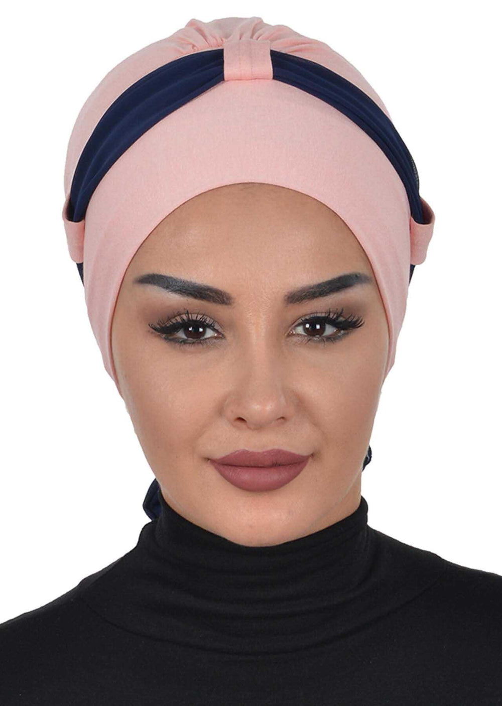 Dual Tone Instant Turban Bonnet with Chiffon Band, Fashionable Muslim Head Covering for Women, Ready-to-Wear Versatile Women Head Wrap,B-24 Powder - Navy Blue