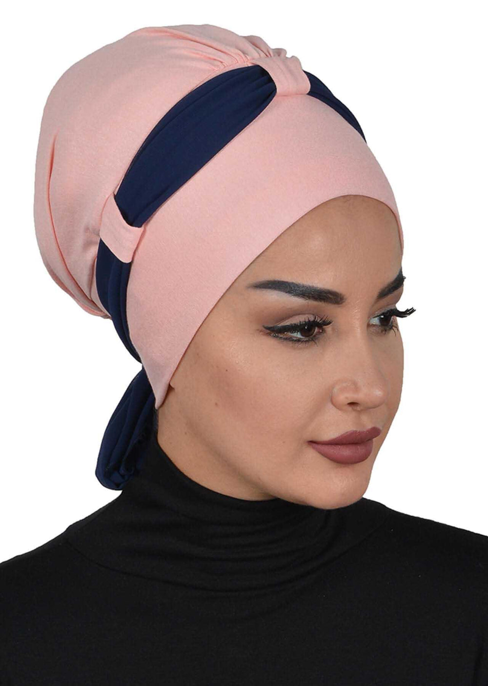 Dual Tone Instant Turban Bonnet with Chiffon Band, Fashionable Muslim Head Covering for Women, Ready-to-Wear Versatile Women Head Wrap,B-24 Powder - Navy Blue
