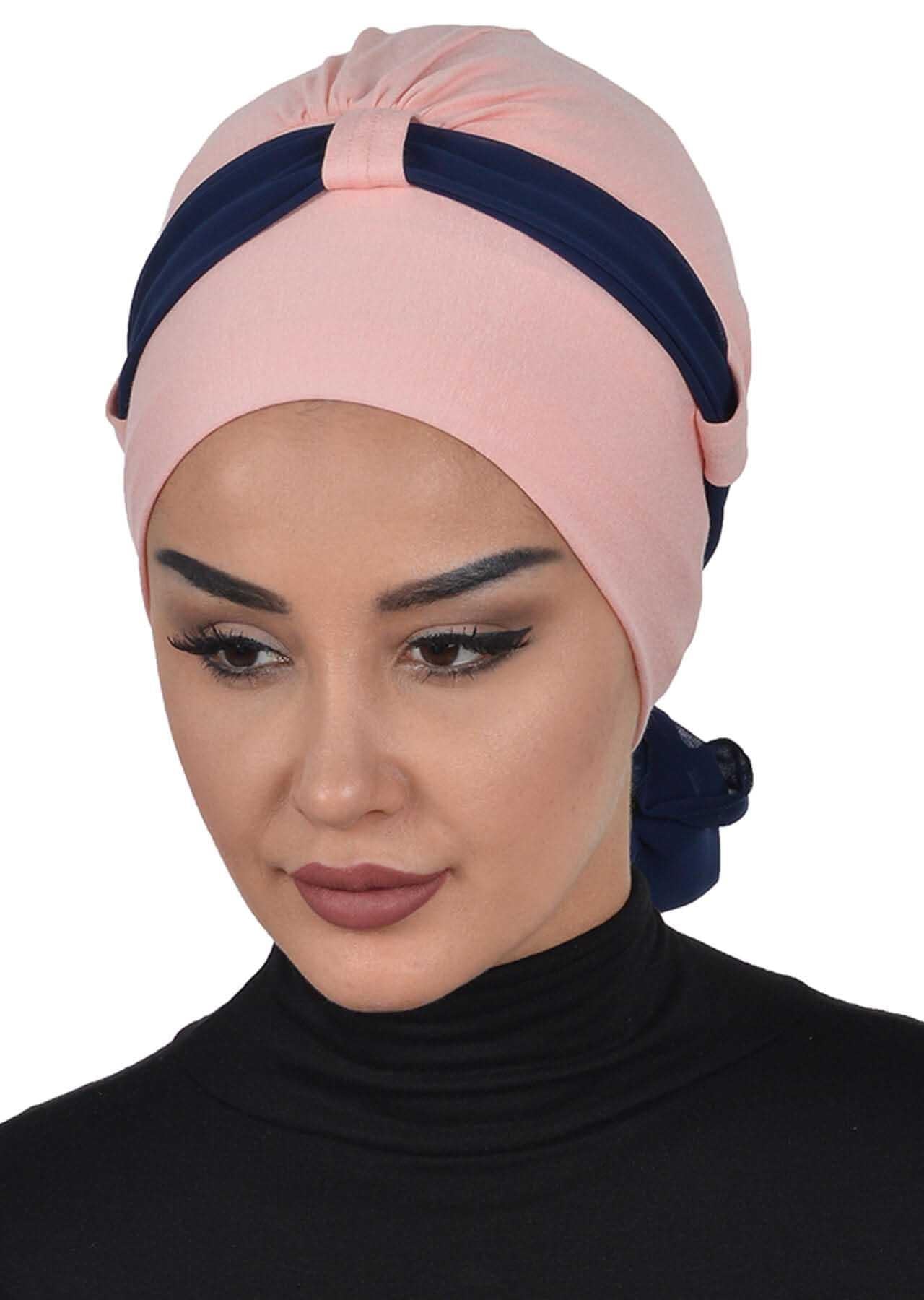 Dual Tone Instant Turban Bonnet with Chiffon Band, Fashionable Muslim Head Covering for Women, Ready-to-Wear Versatile Women Head Wrap,B-24 Powder - Navy Blue