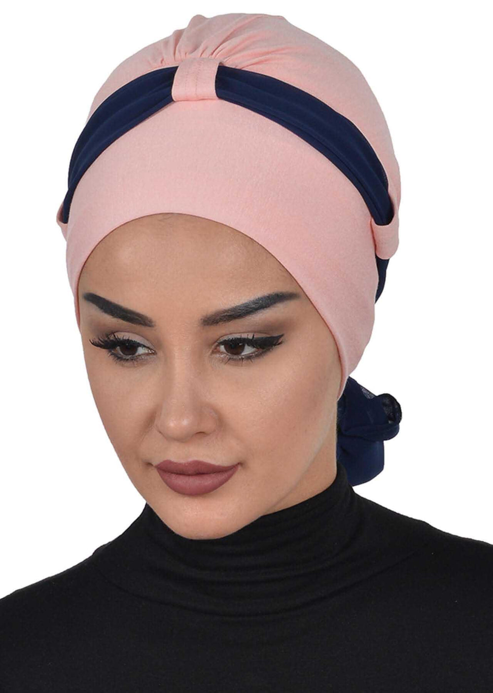 Dual Tone Instant Turban Bonnet with Chiffon Band, Fashionable Muslim Head Covering for Women, Ready-to-Wear Versatile Women Head Wrap,B-24 Powder - Navy Blue