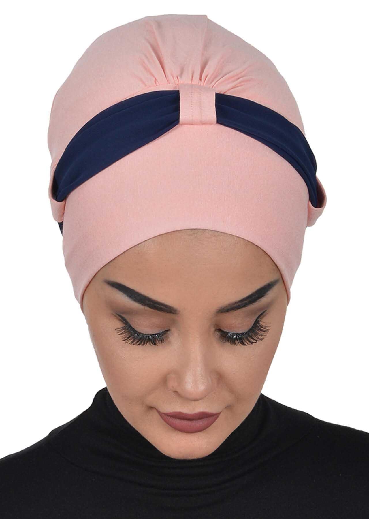 Dual Tone Instant Turban Bonnet with Chiffon Band, Fashionable Muslim Head Covering for Women, Ready-to-Wear Versatile Women Head Wrap,B-24 Powder - Navy Blue