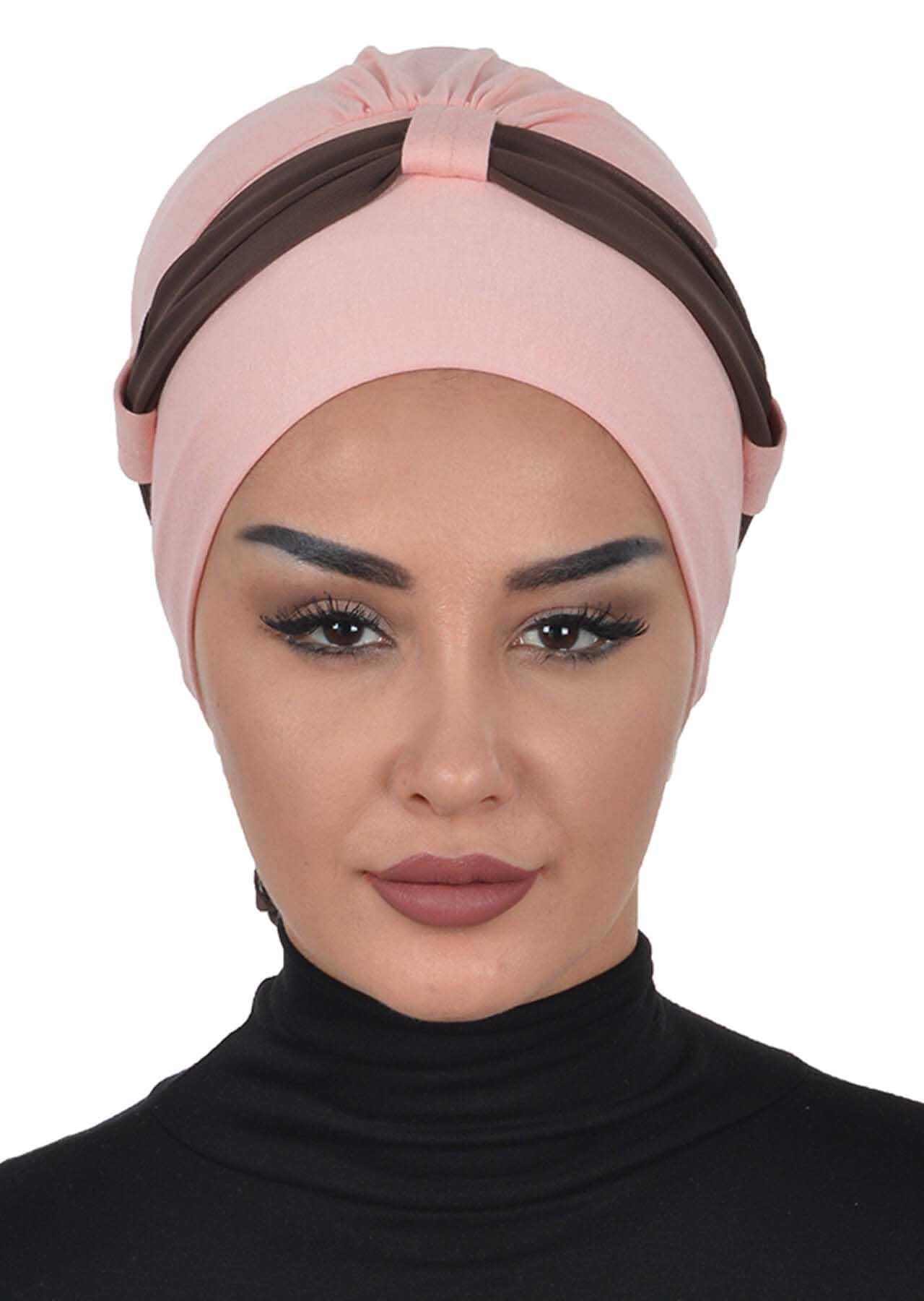 Dual Tone Instant Turban Bonnet with Chiffon Band, Fashionable Muslim Head Covering for Women, Ready-to-Wear Versatile Women Head Wrap,B-24 Powder - Brown