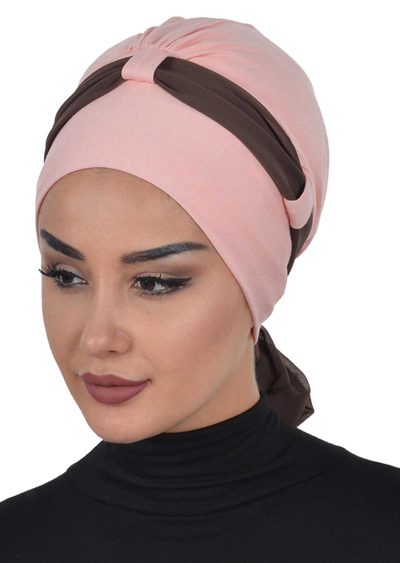Dual Tone Instant Turban Bonnet with Chiffon Band, Fashionable Muslim Head Covering for Women, Ready-to-Wear Versatile Women Head Wrap,B-24 Powder - Brown