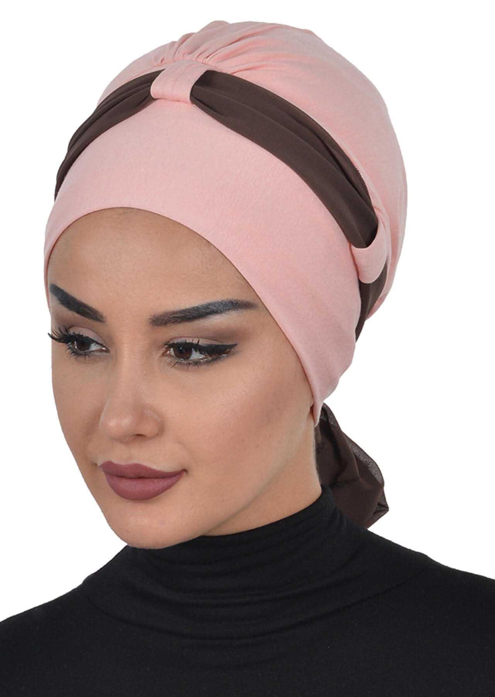 Dual Tone Instant Turban Bonnet with Chiffon Band, Fashionable Muslim Head Covering for Women, Ready-to-Wear Versatile Women Head Wrap,B-24 Powder - Brown