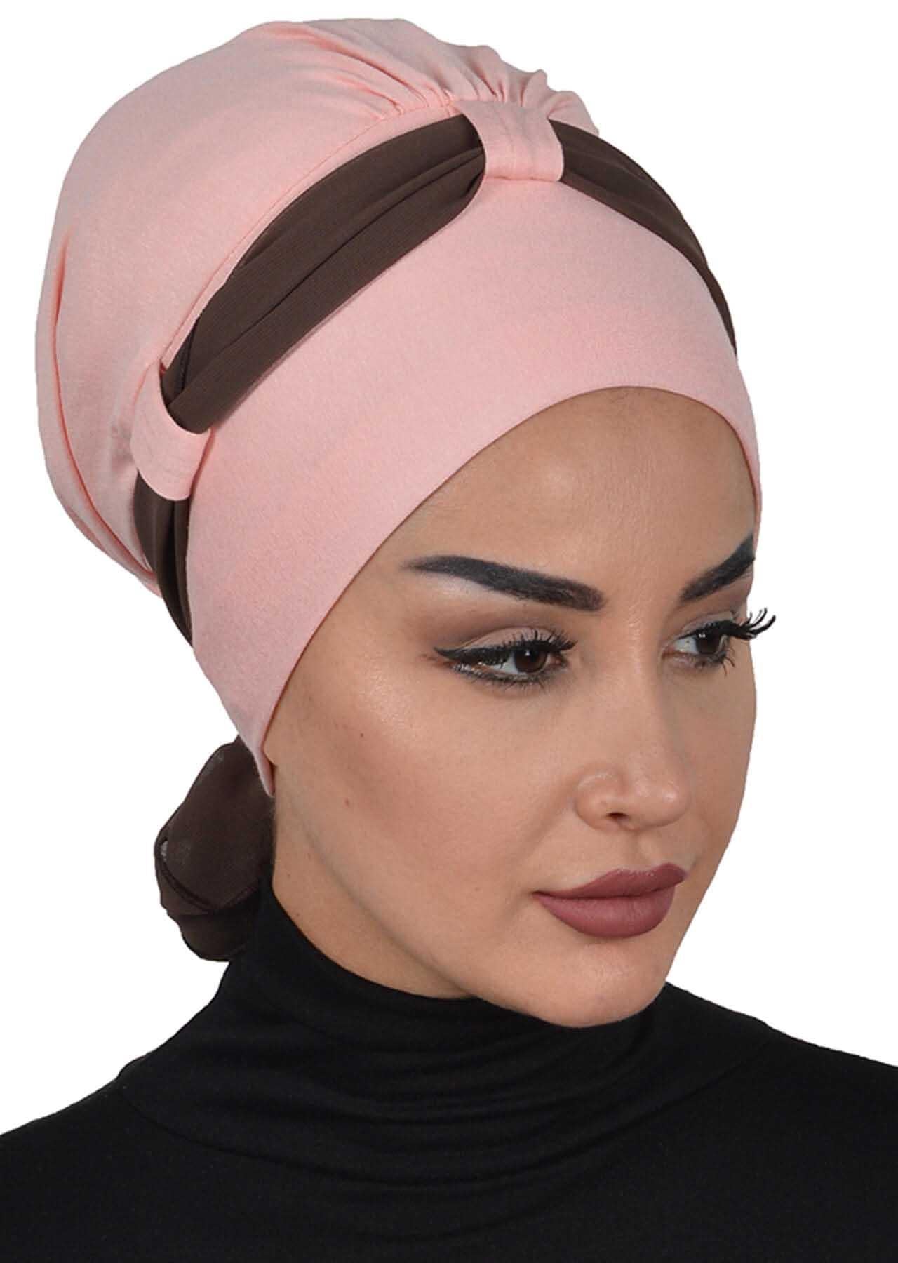 Dual Tone Instant Turban Bonnet with Chiffon Band, Fashionable Muslim Head Covering for Women, Ready-to-Wear Versatile Women Head Wrap,B-24 Powder - Brown