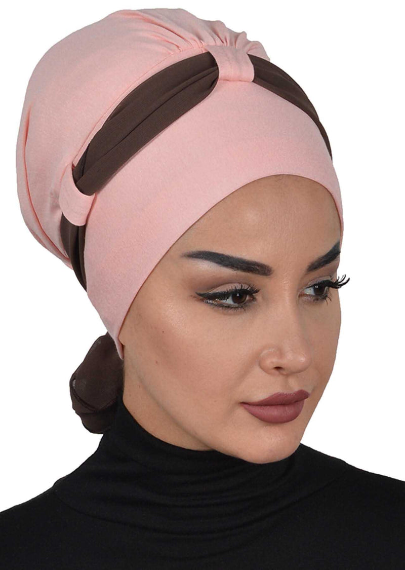 Dual Tone Instant Turban Bonnet with Chiffon Band, Fashionable Muslim Head Covering for Women, Ready-to-Wear Versatile Women Head Wrap,B-24
