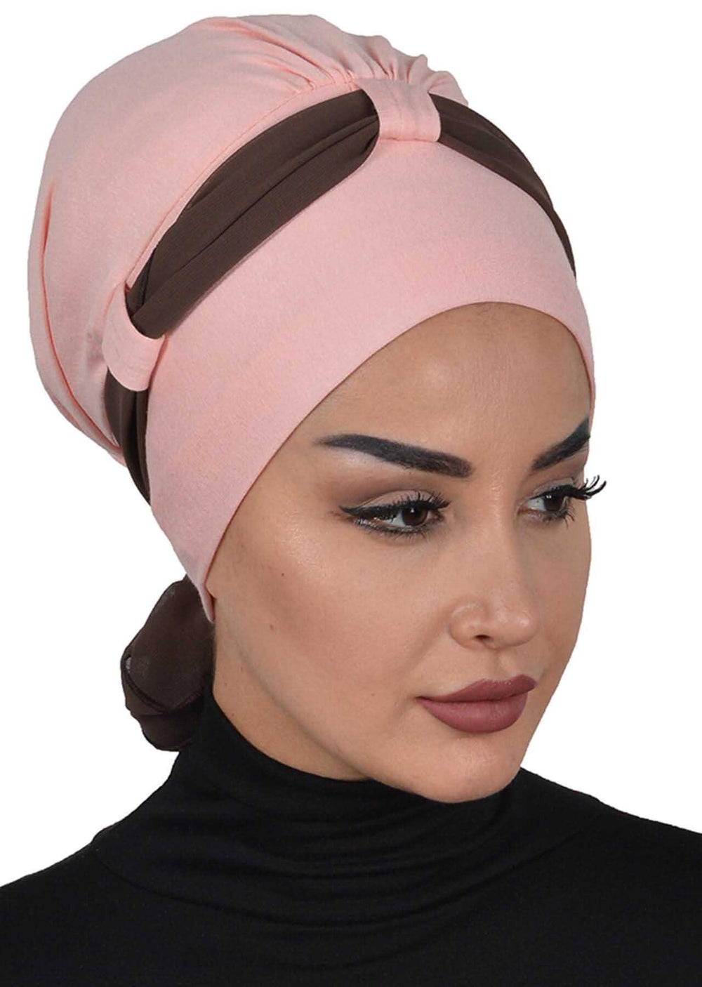 Dual Tone Instant Turban Bonnet with Chiffon Band, Fashionable Muslim Head Covering for Women, Ready-to-Wear Versatile Women Head Wrap,B-24 Powder - Brown