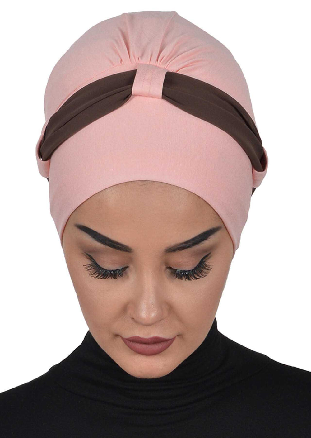 Dual Tone Instant Turban Bonnet with Chiffon Band, Fashionable Muslim Head Covering for Women, Ready-to-Wear Versatile Women Head Wrap,B-24 Powder - Brown