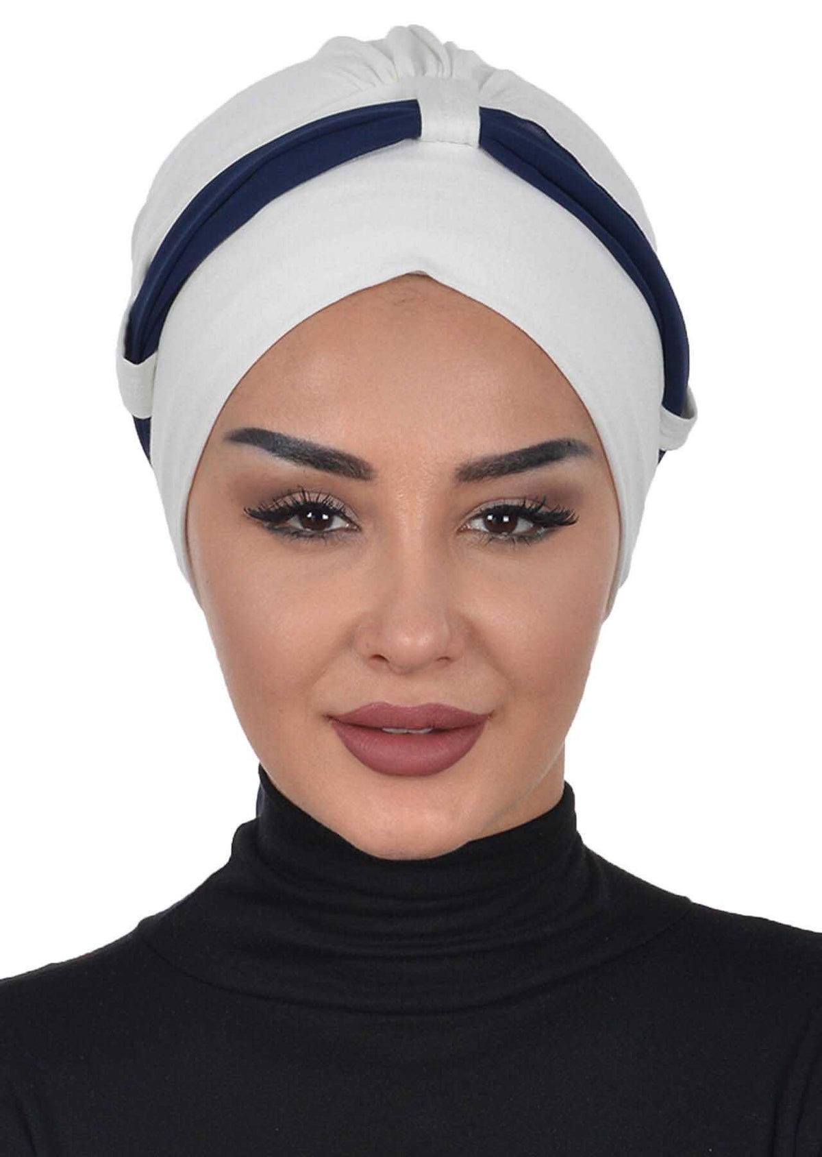 Dual Tone Instant Turban Bonnet with Chiffon Band, Fashionable Muslim Head Covering for Women, Ready-to-Wear Versatile Women Head Wrap,B-24 Ivory - Navy Blue