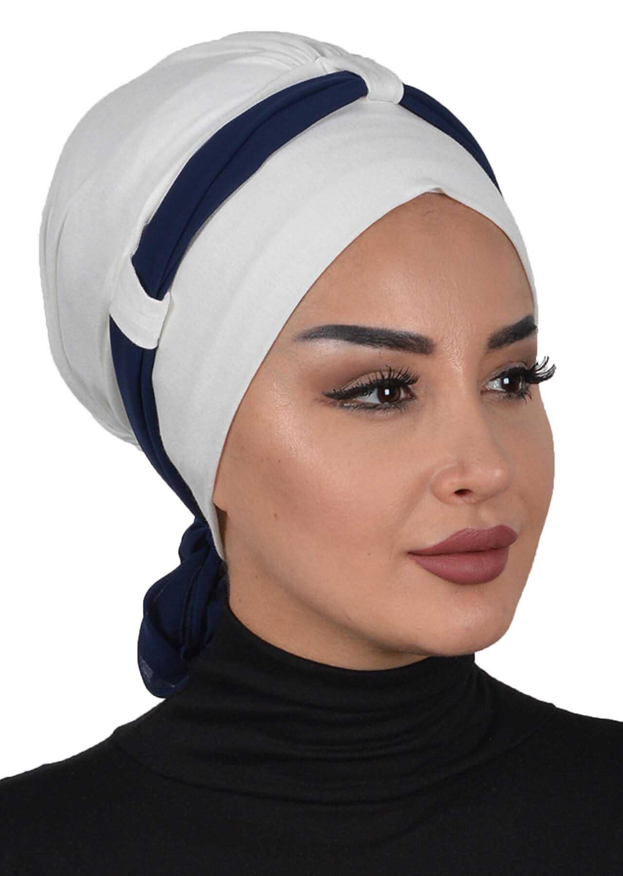 Dual Tone Instant Turban Bonnet with Chiffon Band, Fashionable Muslim Head Covering for Women, Ready-to-Wear Versatile Women Head Wrap,B-24 Ivory - Navy Blue