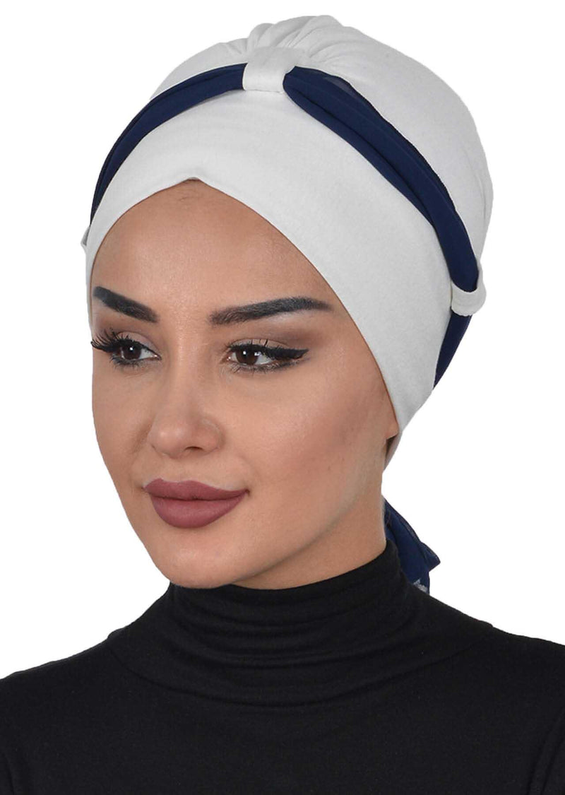 Dual Tone Instant Turban Bonnet with Chiffon Band, Fashionable Muslim Head Covering for Women, Ready-to-Wear Versatile Women Head Wrap,B-24
