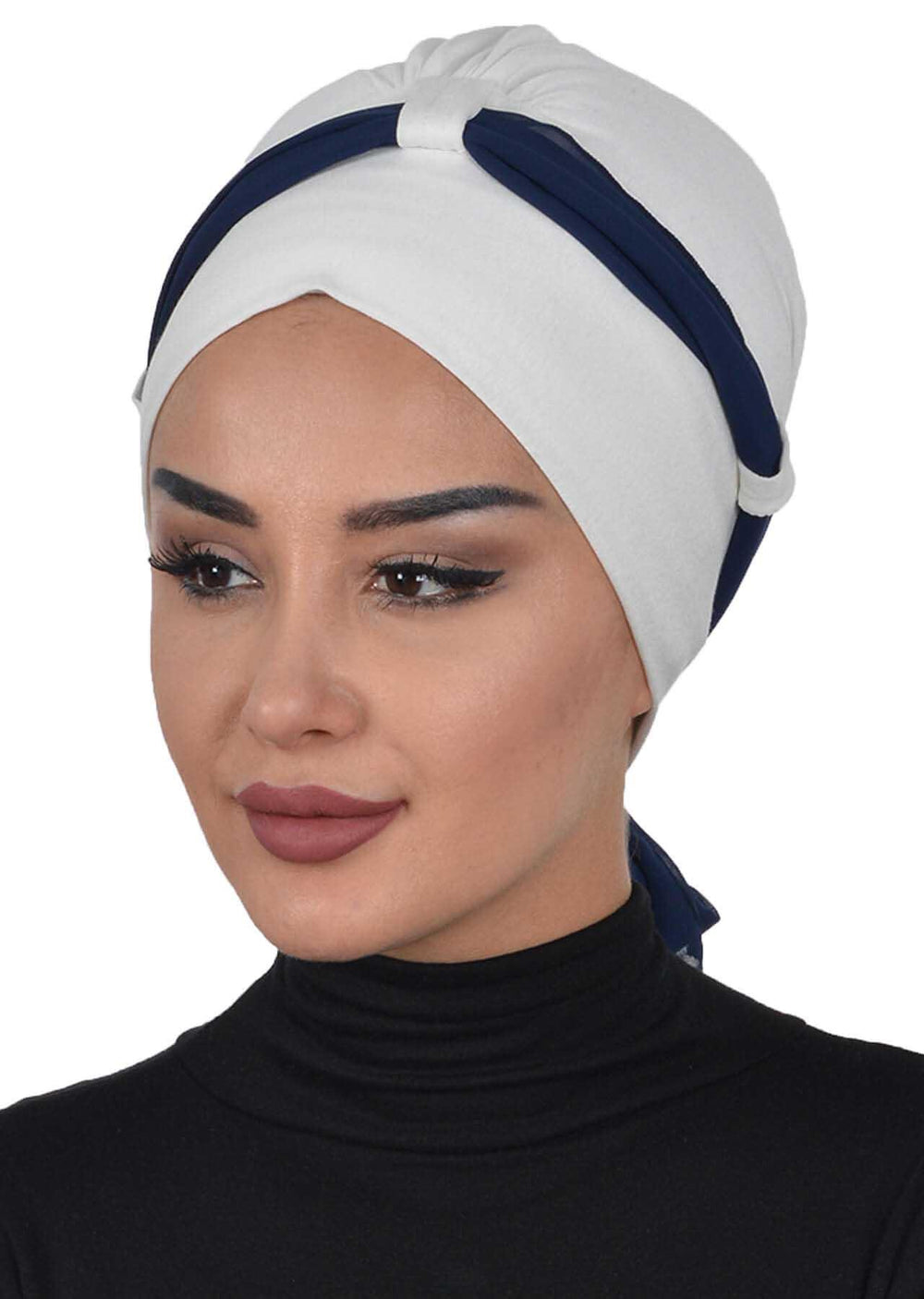 Dual Tone Instant Turban Bonnet with Chiffon Band, Fashionable Muslim Head Covering for Women, Ready-to-Wear Versatile Women Head Wrap,B-24 Ivory - Navy Blue