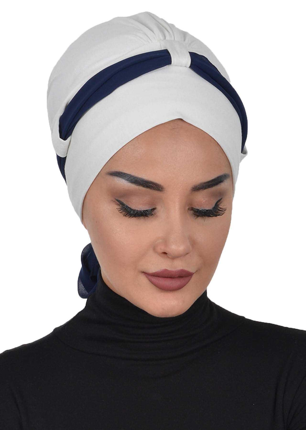 Dual Tone Instant Turban Bonnet with Chiffon Band, Fashionable Muslim Head Covering for Women, Ready-to-Wear Versatile Women Head Wrap,B-24 Ivory - Navy Blue