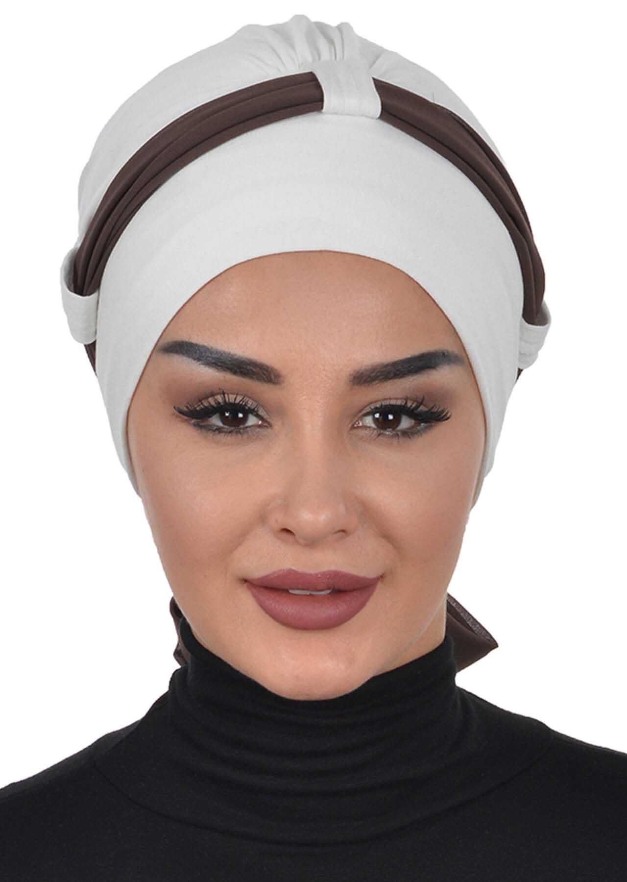 Dual Tone Instant Turban Bonnet with Chiffon Band, Fashionable Muslim Head Covering for Women, Ready-to-Wear Versatile Women Head Wrap,B-24 Ivory - Brown