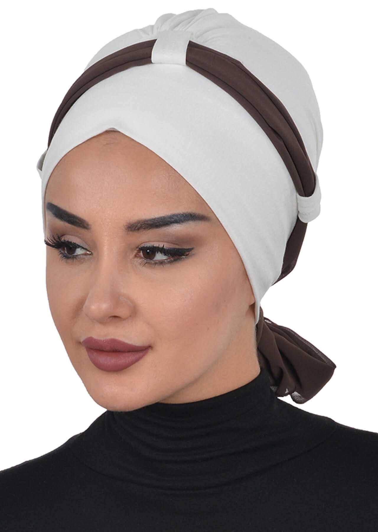 Dual Tone Instant Turban Bonnet with Chiffon Band, Fashionable Muslim Head Covering for Women, Ready-to-Wear Versatile Women Head Wrap,B-24 Ivory - Brown