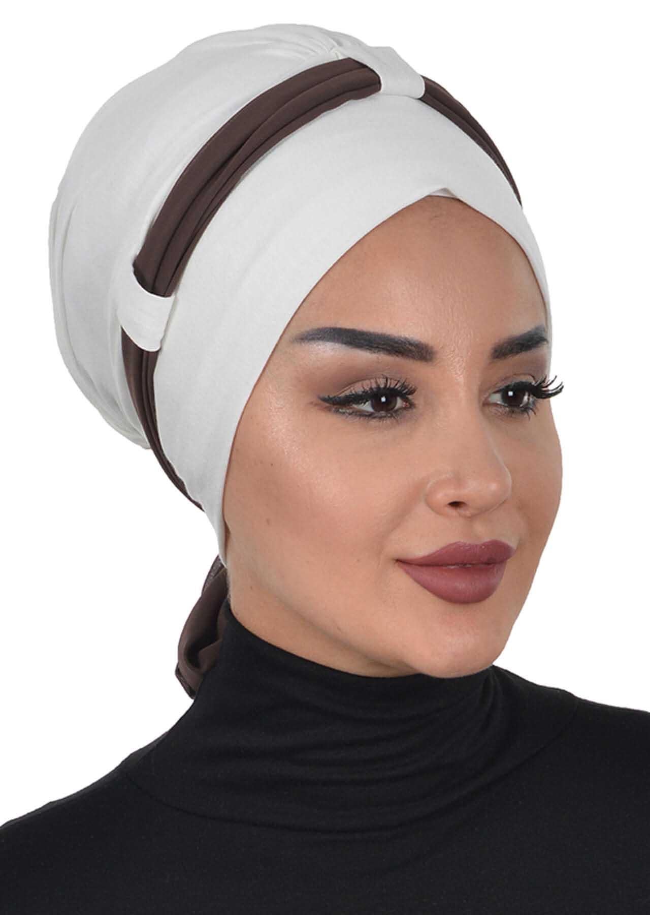 Dual Tone Instant Turban Bonnet with Chiffon Band, Fashionable Muslim Head Covering for Women, Ready-to-Wear Versatile Women Head Wrap,B-24 Ivory - Brown