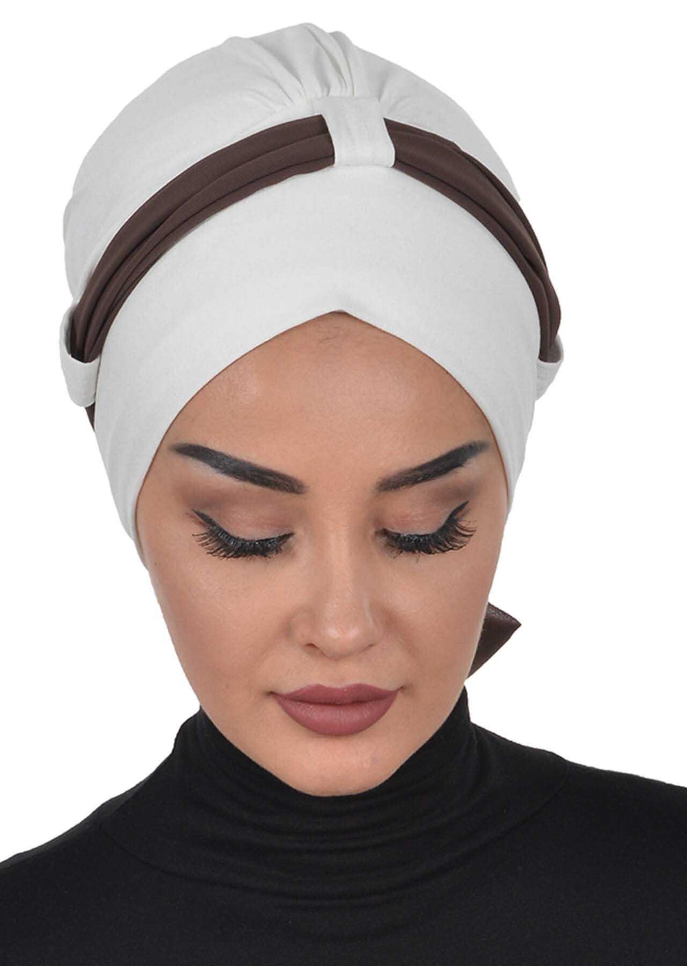 Dual Tone Instant Turban Bonnet with Chiffon Band, Fashionable Muslim Head Covering for Women, Ready-to-Wear Versatile Women Head Wrap,B-24 Ivory - Brown