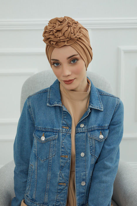 Chic Rose Accent Instant Turban Hijab for Women, Cotton Scarf Chemo Head Wrap, Plain Bonnet Cap with a Beautiful Big Handmade Rose,B-21