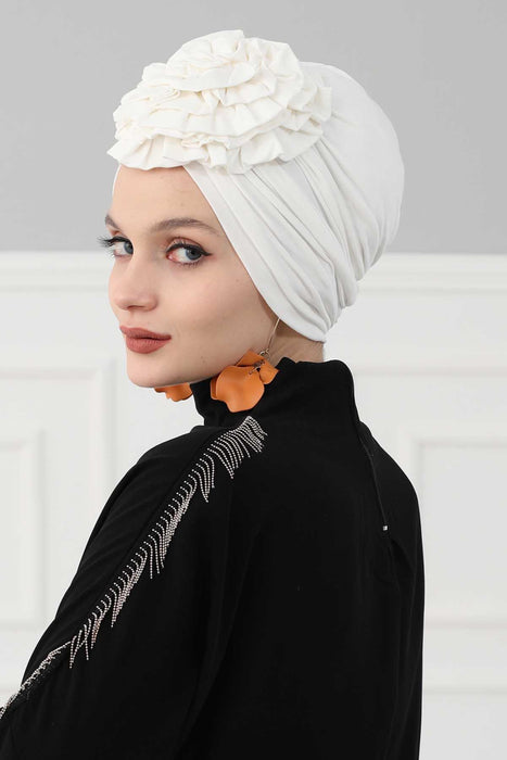 Chic Rose Accent Instant Turban Hijab for Women, Cotton Scarf Chemo Head Wrap, Plain Bonnet Cap with a Beautiful Big Handmade Rose,B-21