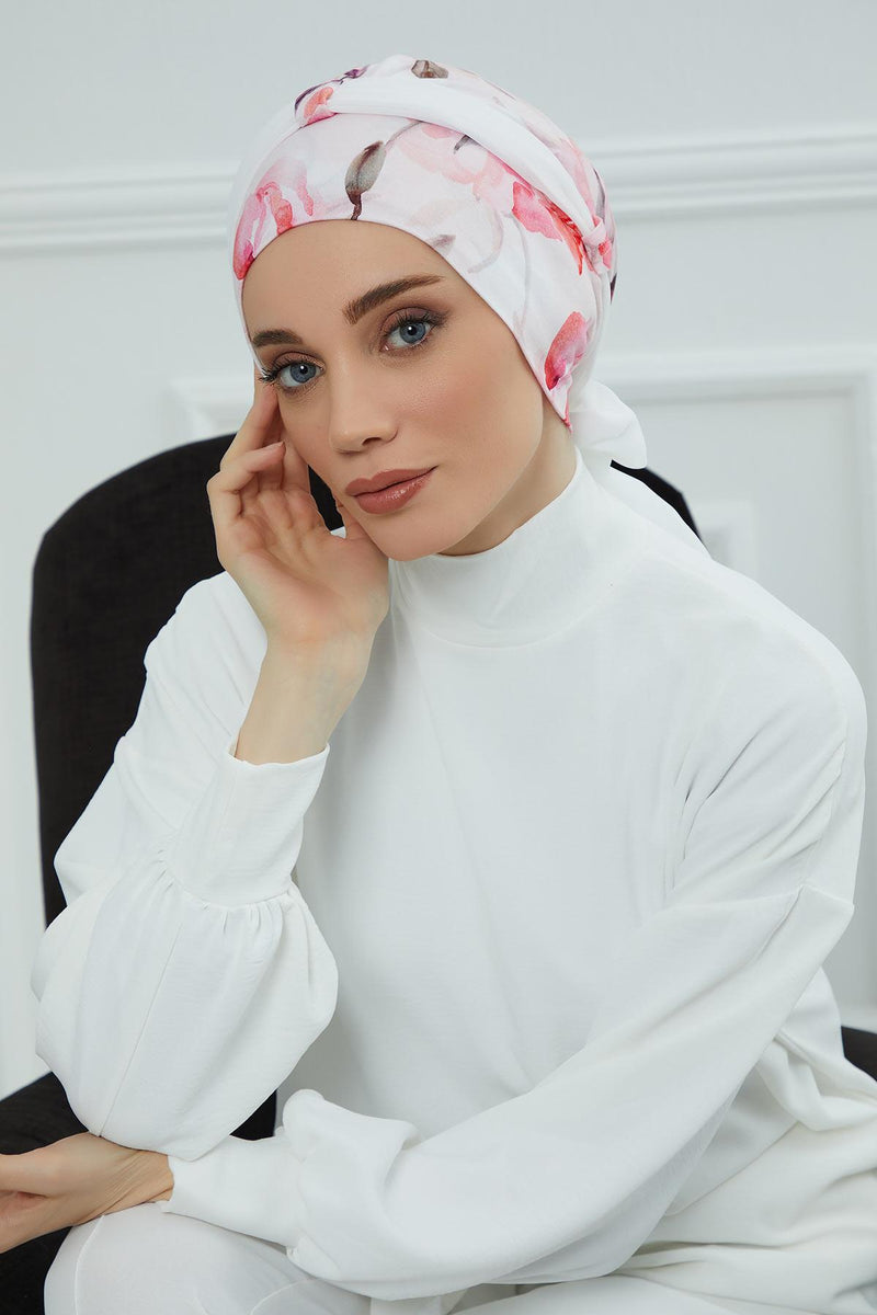 Instant Turban Cotton Scarf Head Wrap with Chiffon Headband, Lightweight Multicolor Headwear Bonnet Cap with Various Pattern Options,B-24YD