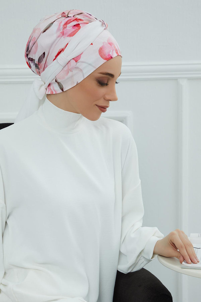 Instant Turban Cotton Scarf Head Wrap with Chiffon Headband, Lightweight Multicolor Headwear Bonnet Cap with Various Pattern Options,B-24YD