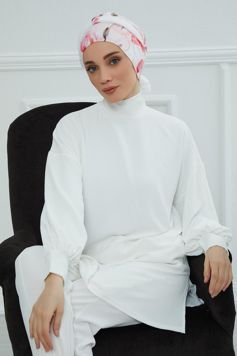 Instant Turban Cotton Scarf Head Wrap with Chiffon Headband, Lightweight Multicolor Headwear Bonnet Cap with Various Pattern Options,B-24YD