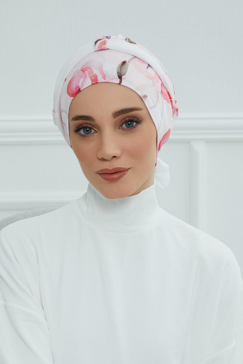 Instant Turban Cotton Scarf Head Wrap with Chiffon Headband, Lightweight Multicolor Headwear Bonnet Cap with Various Pattern Options,B-24YD