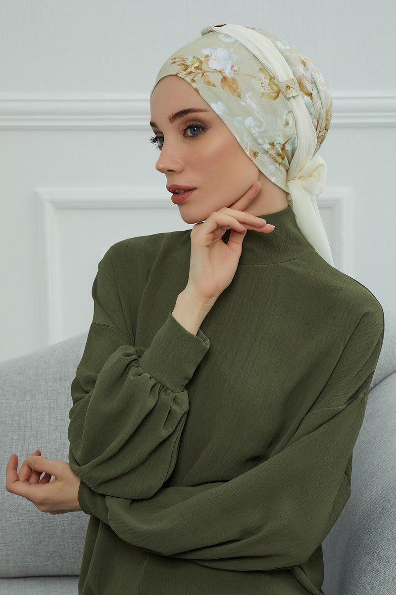 Instant Turban Cotton Scarf Head Wrap with Chiffon Headband, Lightweight Multicolor Headwear Bonnet Cap with Various Pattern Options,B-24YD
