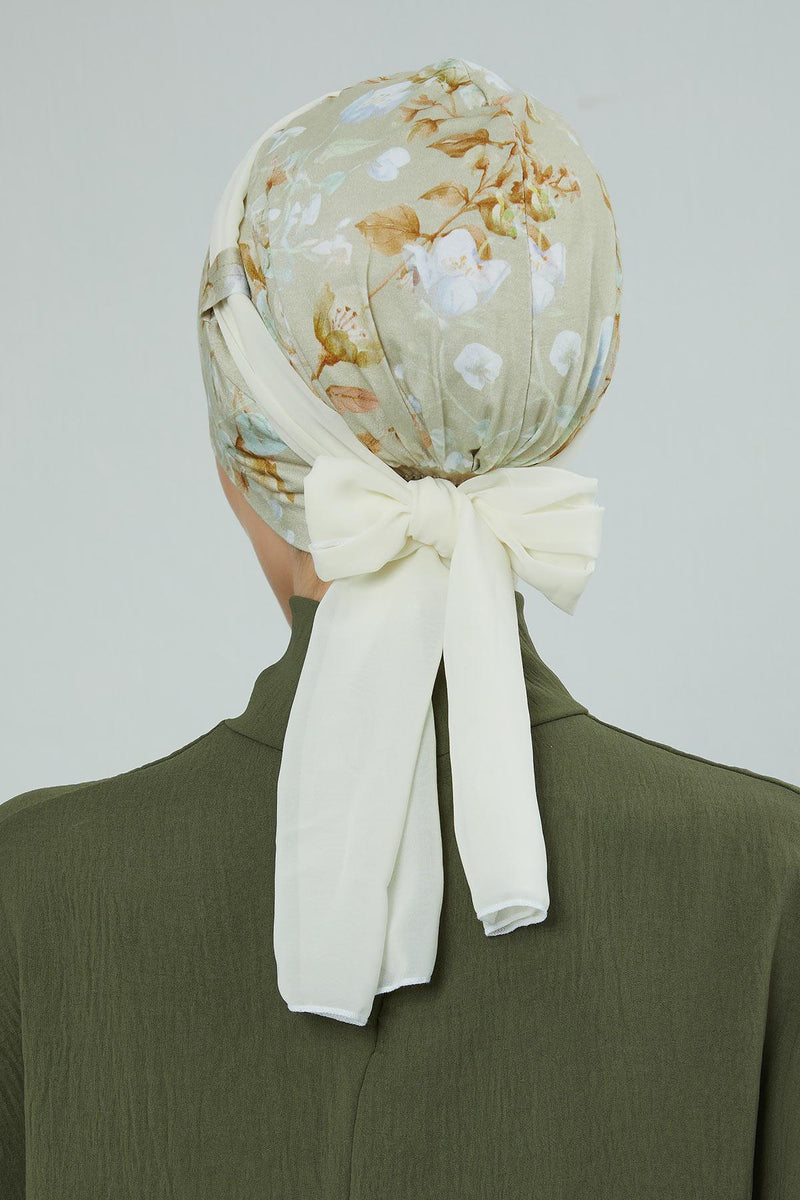 Instant Turban Cotton Scarf Head Wrap with Chiffon Headband, Lightweight Multicolor Headwear Bonnet Cap with Various Pattern Options,B-24YD