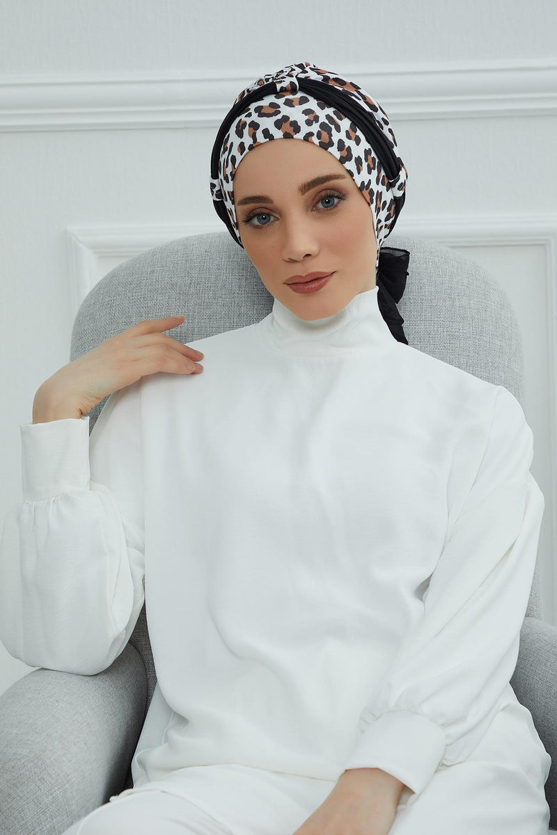 Instant Turban Cotton Scarf Head Wrap with Chiffon Headband, Lightweight Multicolor Headwear Bonnet Cap with Various Pattern Options,B-24YD